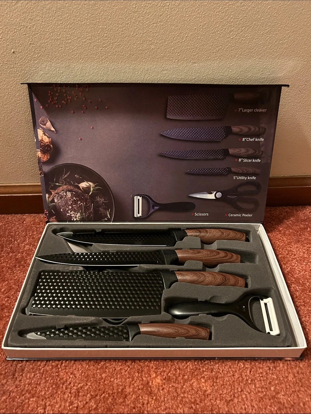 Wood-Handle 5-Piece Knife Set with Peeler and Scissors - Black Knives